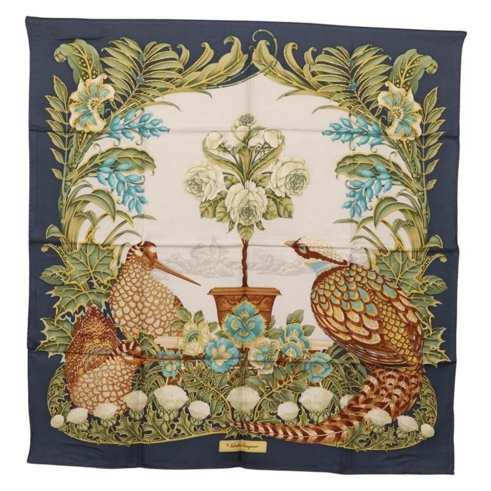 Salvatore Ferragamo Silk Bird Scarf Navy